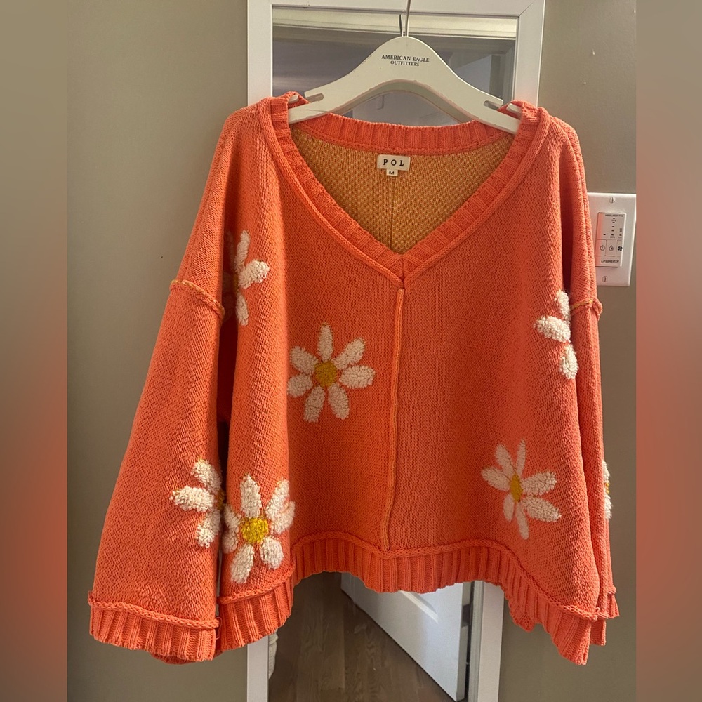 POL Orange Daisy V-Neck Sweater